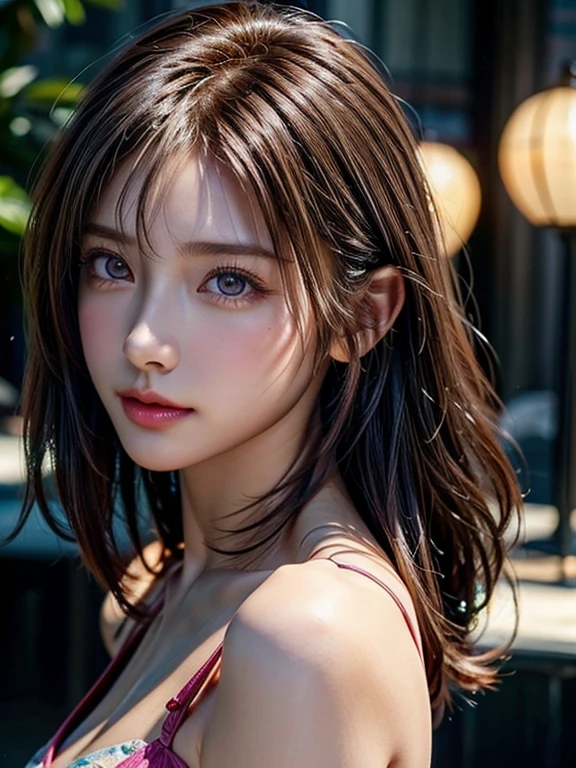 (masterpiece:1.2, Highest quality), (Beautiful, detailed eyes:1.2, Beautiful skin, Beautiful hair, Beautiful eyes, seductive eyes:1.2), ((Woman)), ((Asymmetrical short hair)), soft smiling, (Highly detailed CG, Super detailed, Best Shadow:1.1), ((Depth of written boundary:1.1)), (Detailed eyes and face:1.3), ((watercolor)), (evening sunset:1.2), beautiful concept figure, (figure:1.1), (Perfect detail:1.1), looking at viewer, Good posture and dignity, From the neck up, natural soft lighting, Highlights in the eyes, Very perfect and beautiful face, close up shot, glossy lips, Bare shoulders, (vibrant colors, vivid colors background:1.2),