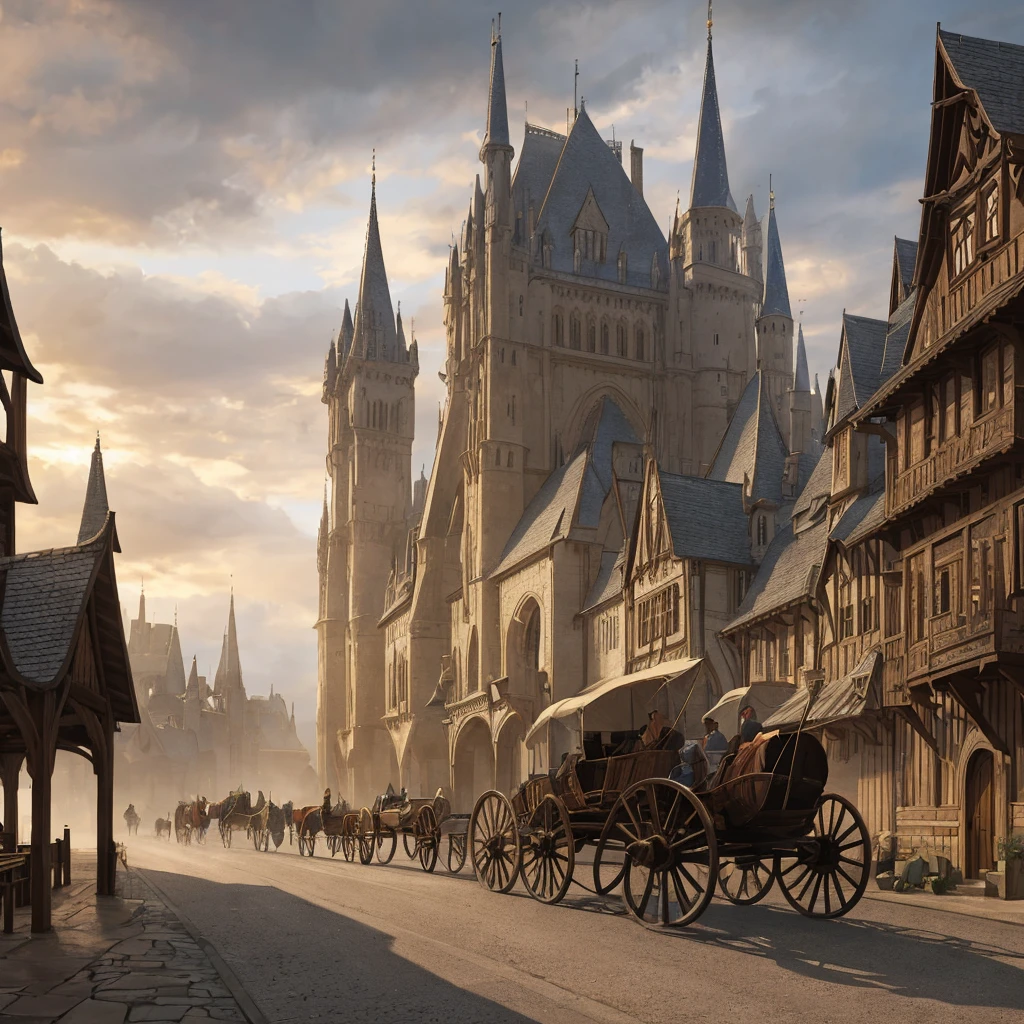 realistic fantasy medieval architecture, long winding road leading to a large city, overcast gray cloudy sky, horse-drawn carriages and wagons traveling along the road, ultra-detailed, 8k, highres, masterpiece, realistic, photorealistic, vivid colors, dramatic lighting, cinematic composition