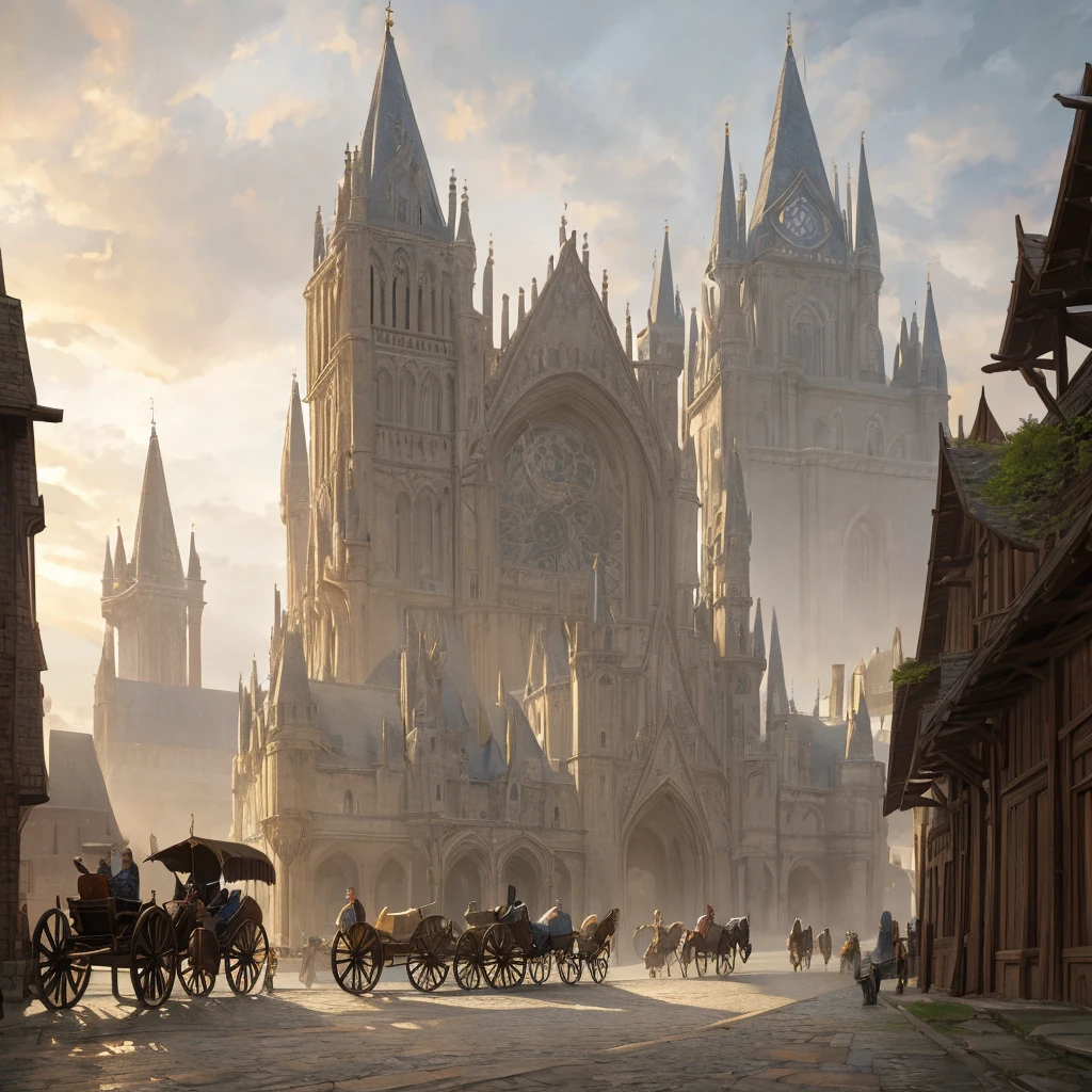 realistic fantasy medieval architecture, long winding road leading to a large city, overcast gray cloudy sky, horse-drawn carriages and wagons traveling along the road, ultra-detailed, 8k, highres, masterpiece, realistic, photorealistic, vivid colors, dramatic lighting, cinematic composition