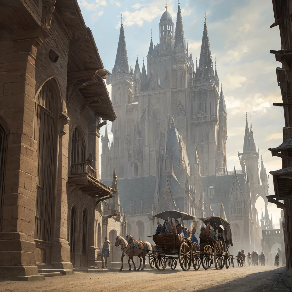 realistic fantasy medieval architecture, long winding road leading to a large city, overcast gray cloudy sky, horse-drawn carriages and wagons traveling along the road, ultra-detailed, 8k, highres, masterpiece, realistic, photorealistic, vivid colors, dramatic lighting, cinematic composition