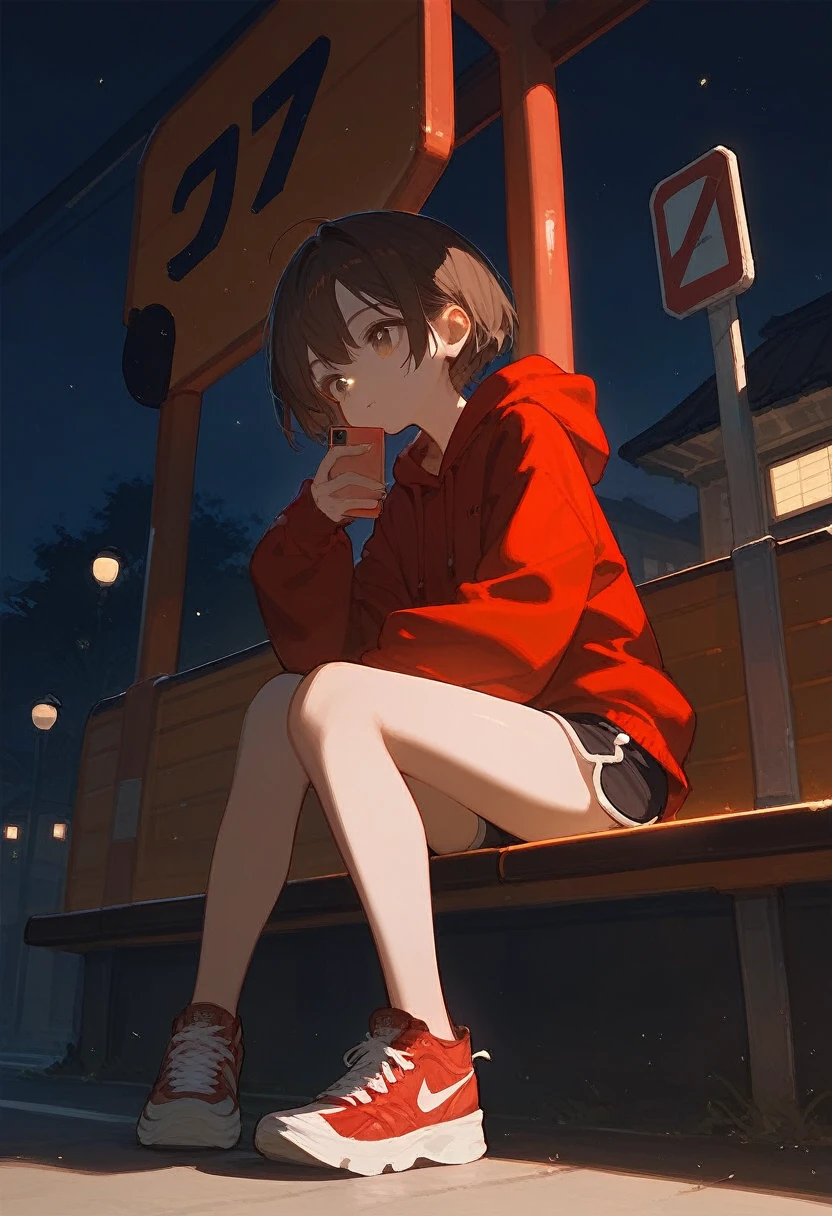 anime girl, brown hair, red hoodie, short hair, shorts, sneakers, sitting down, night time, dramatic lighting, looking at phone, bus stop, 