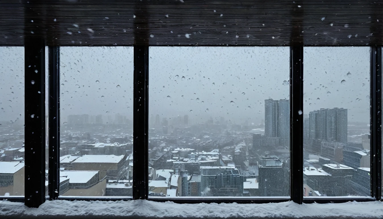 Cityscape, architecture, Non-human, cold sky,(blizzard:1.5), Snowstorm, City, dark sky, cold,Covered in heavy snow,Close-up of a building,View from the window