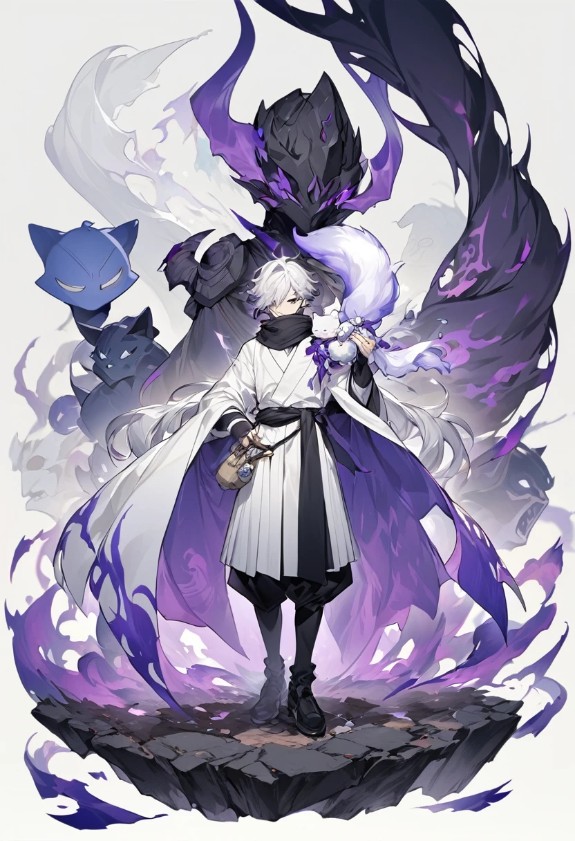 Shawm - 21 years old young man, which was destined for a greater doings. Shawm is a young man, around 21 years old, a sorcerer which is quite skilled in the magic of cursed purple flames. He's short, well built. Usually frowning face shows no sign of emotion, and his half-closed emotionless blank black eyes only consolidate that fact. Tousled white hair with a slight purple colour in it's roots brushed behind, with a small bunch 
of it sticking up before his eyes. Usually he's dressed in a white shirt, white hakama and black runners. On the neck he wears black long scarf which covers his mouth, with two tips waving behind his back, and on the waist usually wrapped his black and white coloured jacket, wrapped by its sleeves around his body. On Shawm's shoulder should be seen a small white chibi cat - his name is Kazu, and it's his spiritual animal and a teacher, which helps him use his powers. Cursed flames gather around his figure in a small spiritual swirling balls.