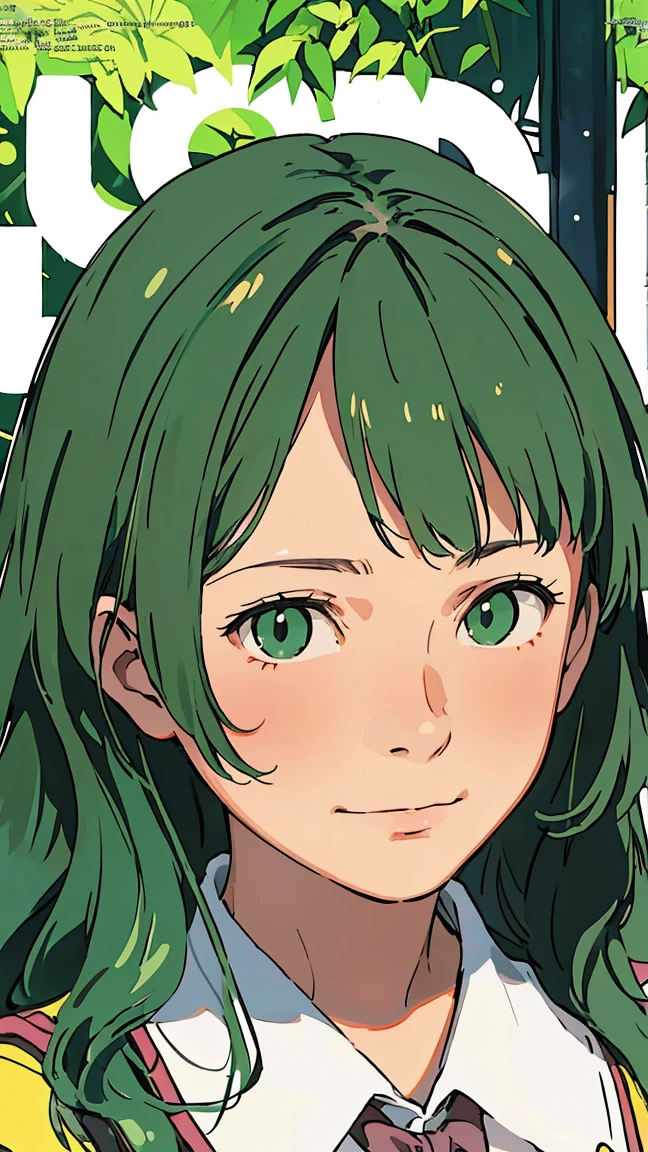 ((Facial expression pattern, troubled face, smiling face)), green eyes, (green hair), ((wavy hair)), uniform, one girl, one person, very beautiful, best quality, great quality, curated, shape, very detailed, anime coloring, very detailed, official art, warm tones, sun flare, soft shadows, vibrant colors, very detailed, official art, ((hairstyle with bangs)),