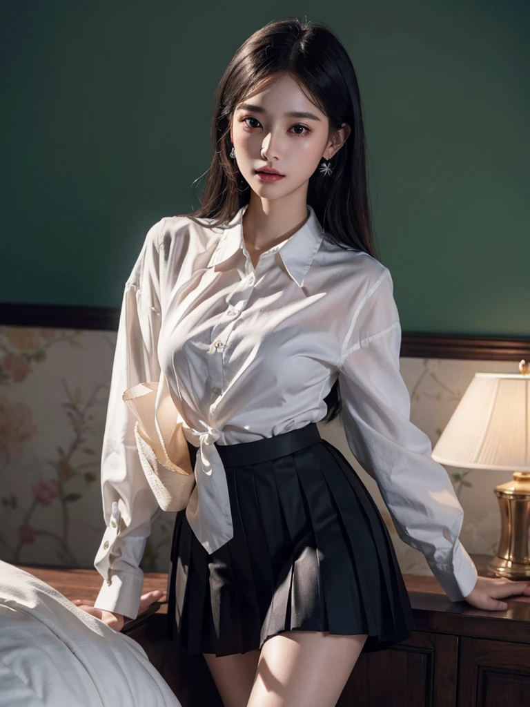 absurdres, RAW photo, extremely delicate and beautiful, masterpiece, Best Quality, ultra high resolution, 32k, hyperrealistic, ultra-detailed, perfect anatomy, super Detailed skin, perfect figure, Super Beauty, Perfect Style, Perfect balance, Beautiful Lighting, Perfect Lightning, Realistic Shadows, 20 years old, very Slim body, narrow waist, very small head, very small face, delicate facial features, handsome detailed woman, very detailed eyes and face, realistic face proportions, Realistic beautiful face, Realistic beautiful eyes, tearful mole, earring, very huge round , legs, medium hair, whole body shot, indoor, school_uniform, dress shirt, pleated skirt,