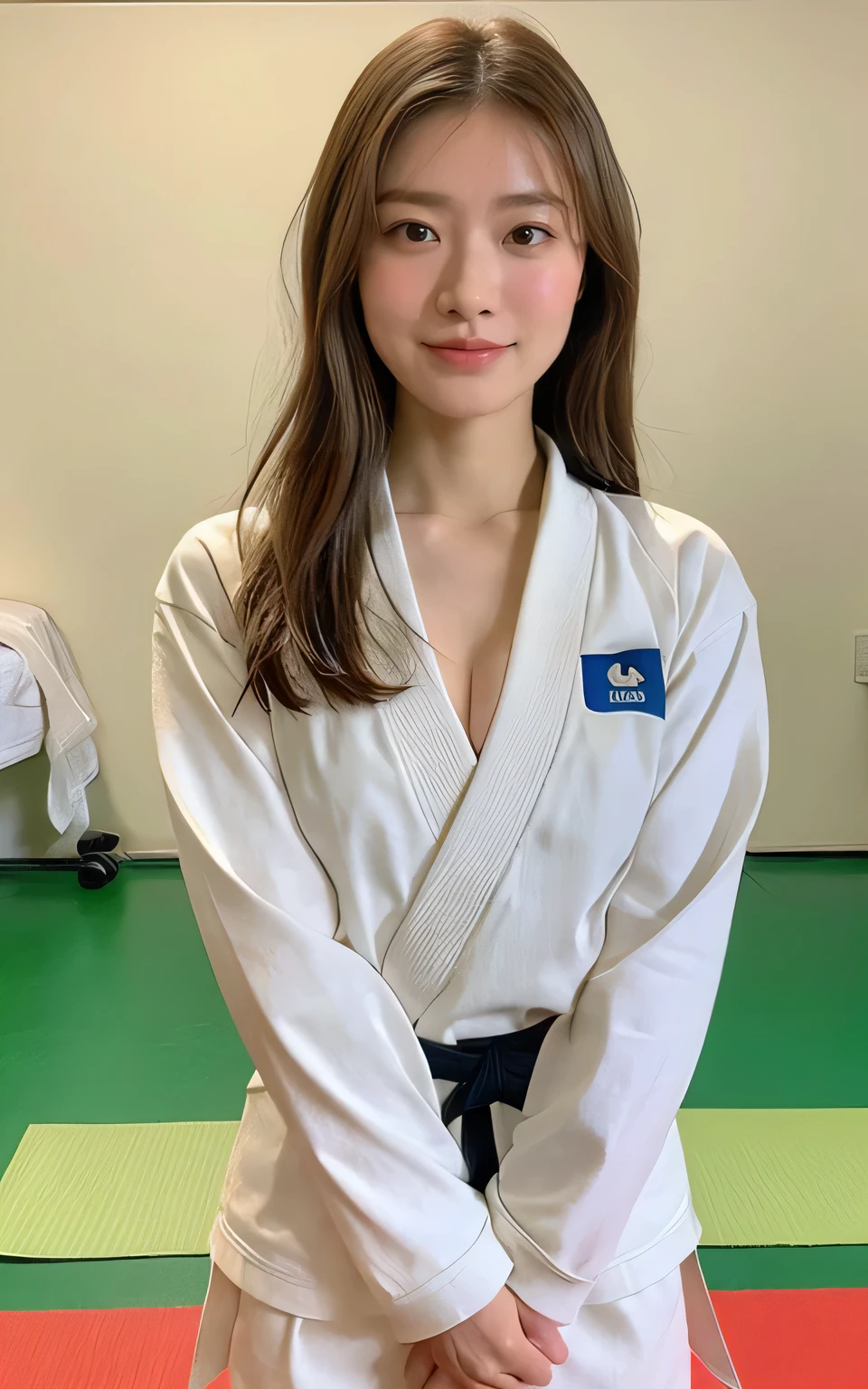 masterpiece、Highest quality、Ultra-high resolution、、Realistic、Beautiful girl、Wearing a judo uniform without a bra、front、smile、High resolution face、Detailed face、detailed flat chest、Small breasts、Hard nipples、Fine skin、Detailed genital shape、Upper Body、Gray background、Stand tall with your legs apart, Dojo tatami mats
