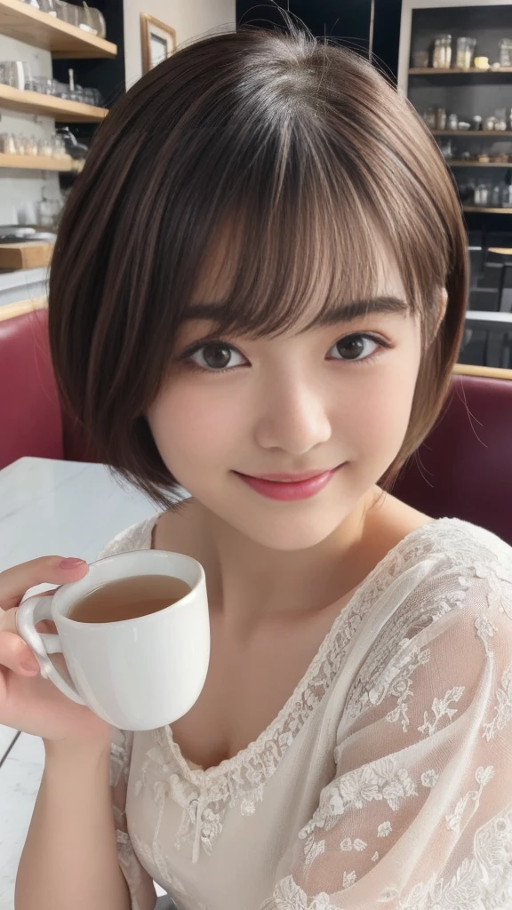 (ung ultra Cute japanese girl,short silver hair,porcelain white skin,slender figure,lacy shirt,sitting in Italian cafe,drinking black tea,beautiful detailed eyes,long eyelashes,charming dropped eyes,lovely smiling lips,extremely detailed face without makeup:2.0),best quality,4k,8k,highres,masterpiece,ultra-detailed,realistic,photorealistic,photo-realistic,HDR,UHD,studio lighting,ultra-fine painting,sharp focus,physically-based rendering,extreme detail description,professional,vivid colors,bokeh,portraits,soft pastel colors,natural lighting,cinematic composition