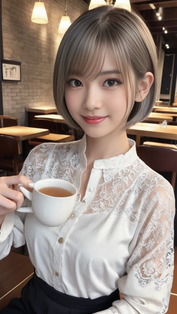 (1 young ultra Cute japanese girl,short silver hair,porcelain white skin,slender figure,lacy shirt,sitting in Italian cafe,drinking black tea,beautiful detailed eyes,long eyelashes,charming dropped eyes,lovely smiling lips,extremely detailed face without makeup:2.0),best quality,4k,8k,highres,masterpiece,ultra-detailed,realistic,photorealistic,photo-realistic,HDR,UHD,studio lighting,ultra-fine painting,sharp focus,physically-based rendering,extreme detail description,professional,vivid colors,bokeh,portraits,soft pastel colors,natural lighting,cinematic composition