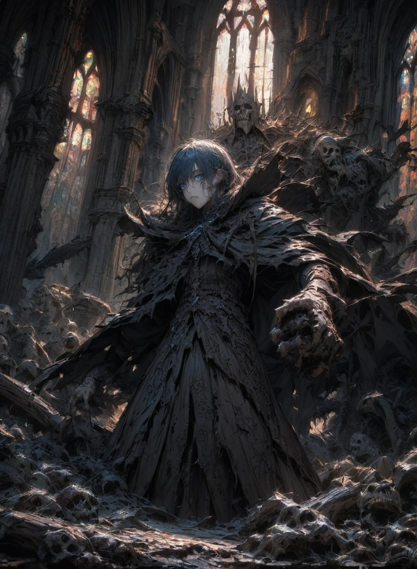 undead king wear cloak messed by blood, dark fantasy, detailed facial features, blue eyes, eyes, bony hands, flowing tattered cloak, decaying bones, sinister expression, dark moody lighting, dramatic pose, gothic cathedral interior, intricate detailed textures, dark color palette, cinematic composition,
