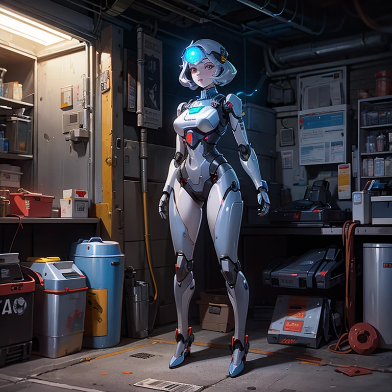 remains of a robot woman in the garage at night, science_fiction