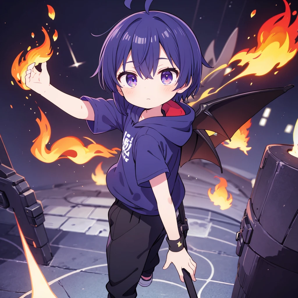 Ahoge,Purple shorthair,Both eyes are red,Pilot goggles on head,Black glove on one hand,Bat Wings,Indigo short sleeve hoodie,Black trousers,Manipulating the flames,boy,Mini character,An illustration,solo,