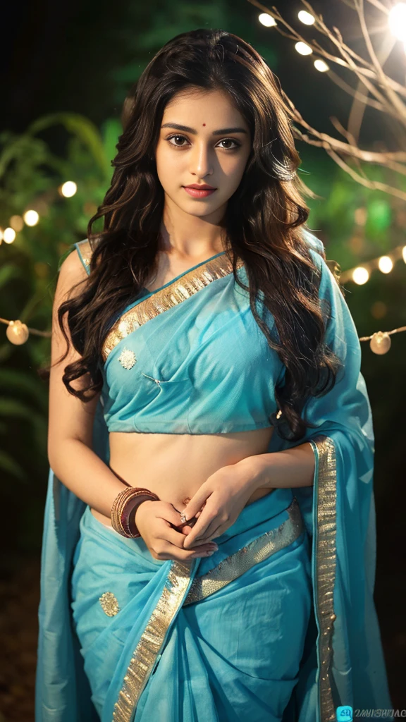 Young Indian woman, topless saree, garden, night, detailed body, detailed face, ultra realistic, charming, cute, big hazel eyes with long curly hair, perfect fingers, ambient lighting, winter, detailed background, 8k in transparent saree with big breasts saree