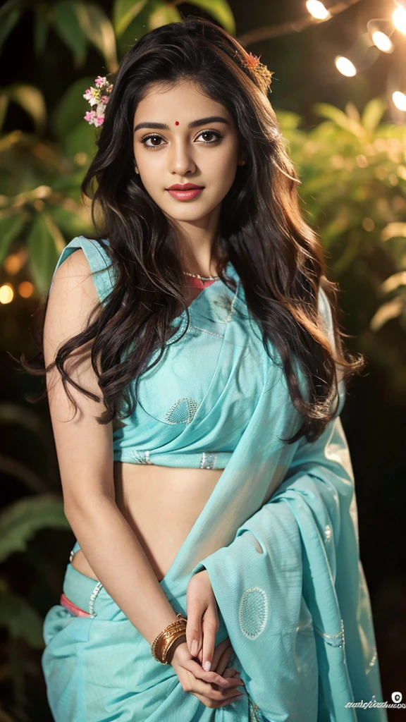 Young Indian woman, topless saree, garden, night, detailed body, detailed face, ultra realistic, charming, cute, big hazel eyes with long curly hair, perfect fingers, ambient lighting, winter, detailed background, 8k in transparent saree with big breasts saree