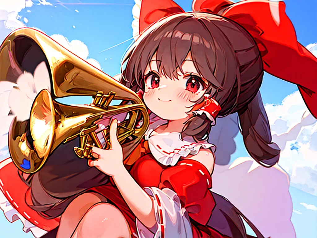 anatomically correct, high quality, 8k,cute girl,reimu,play trumpet,reimu playing trumpet,smile, fine sky background
