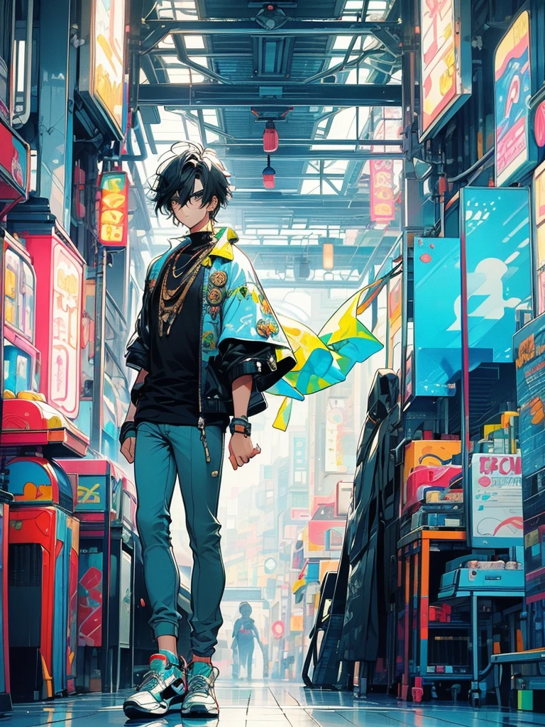 ((Full body image)), ((Just one person)). A young adult man with fair skin, fit well-toned body. He has big mint eyes. His hair is navy blue, short and wavy, in a messy undercut hairstyle. His hair has curtain bangs and is very voluminous. He wears a mint bandana on his forehead, has a very colorful and lively outfit. He wears a mint green synthetic leather jacket, a black shirt underneath, black jogger pants and mint-colored high-top sneakers. He has a determined look on his face and is standing in the middle of an arcade with several vibrant colors.
