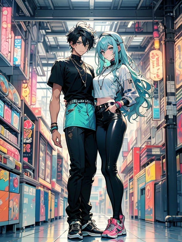 ((Full body image)), ((Just one person)). A young adult man with fair skin, fit well-toned body. He has big mint eyes. His hair is navy blue, short and wavy, in a messy undercut hairstyle. His hair has curtain bangs and is very voluminous. He wears a mint bandana on his forehead, has a very colorful and lively outfit. He wears a mint green synthetic leather jacket, a black shirt underneath, black jogger pants and mint-colored high-top sneakers. He has a determined look on his face and is standing in the middle of an arcade with several vibrant colors.
