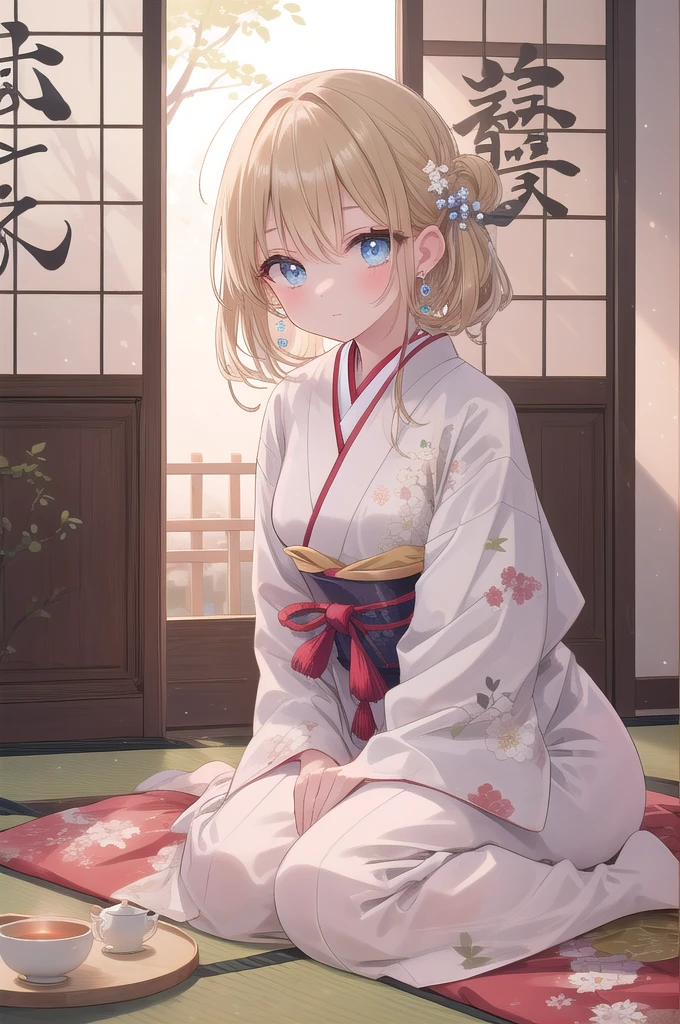 (masterpiece, best quality:1.3), 1 girl, solo, teenager,(top quality eyes:1.3),A 15-year-old girl with dark blonde hair is sitting in a traditional Japanese room at home, seated in a "wariza" pose. Behind her, beautiful shoji screens add to the serene ambiance. Her eyes are a deep blue, and small pearl earrings glisten on her ears. She has a calm expression, relaxing with her favorite japanese tea set in front of her.