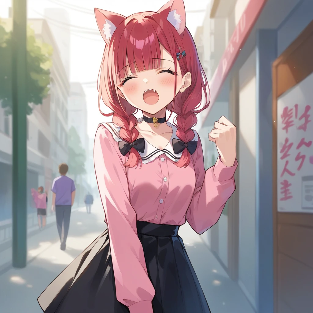 score_9, score_8_up, score_7_up, score_6_up, score_5_up, score_4_up, source_anime, clip skip：2
,Top quality, masterpiece, chibi character, animal ear girl, peal purple and blunt bangs hair, twin braids, eyes closed, mouth wide open and screaming, blushing, smilng,fangs,(a girl with closs hair pin,
pink shirt,cosplay, jirai kei, bangs, black skirt, black bow, looking at viewer, bow, long sleeves, choker, ribbon,portrait  shot :1.4),From the side, she is wearing square headphones over her ears, and the Marshall logo,Walking slowly through Shibuya at sunset, looking down, fullbody shot,