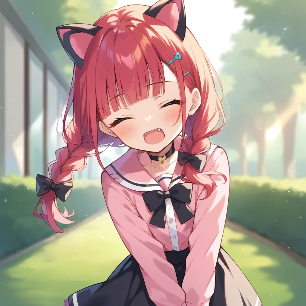 score_9, score_8_up, score_7_up, score_6_up, score_5_up, score_4_up, source_anime, clip skip：2
,Top quality, masterpiece, chibi character, animal ear girl, peal purple and blunt bangs hair, twin braids, eyes closed, mouth wide open and screaming, blushing, smilng,fangs,(a girl with closs hair pin,
pink shirt,cosplay, jirai kei, bangs, black skirt, black bow, looking at viewer, bow, long sleeves, choker, ribbon,portrait  shot :1.4),From the side, she is wearing square headphones over her ears, and the Marshall logo,Walking slowly through Shibuya at sunset, looking down, fullbody shot,