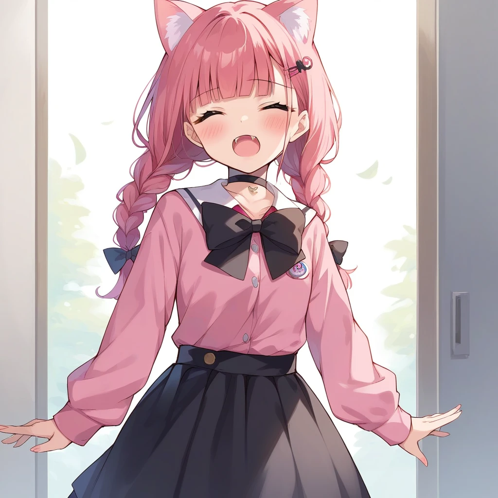 score_9, score_8_up, score_7_up, score_6_up, score_5_up, score_4_up, source_anime, clip skip:2
,Top quality, masterpiece, chibi character, animal ear girl, peal purple and blunt bangs hair, twin braids, eyes closed, mouth wide open and screaming, blushing, smilng,fangs,(a girl with closs hair pin,
pink shirt,cosplay, jirai kei, bangs, black skirt, black bow, looking at viewer, bow, long sleeves, choker, ribbon,portrait shot :1.4),From the side, she is wearing square headphones over her ears, and the Marshall logo,Walking slowly through Shibuya at sunset, looking down, fullbody shot,