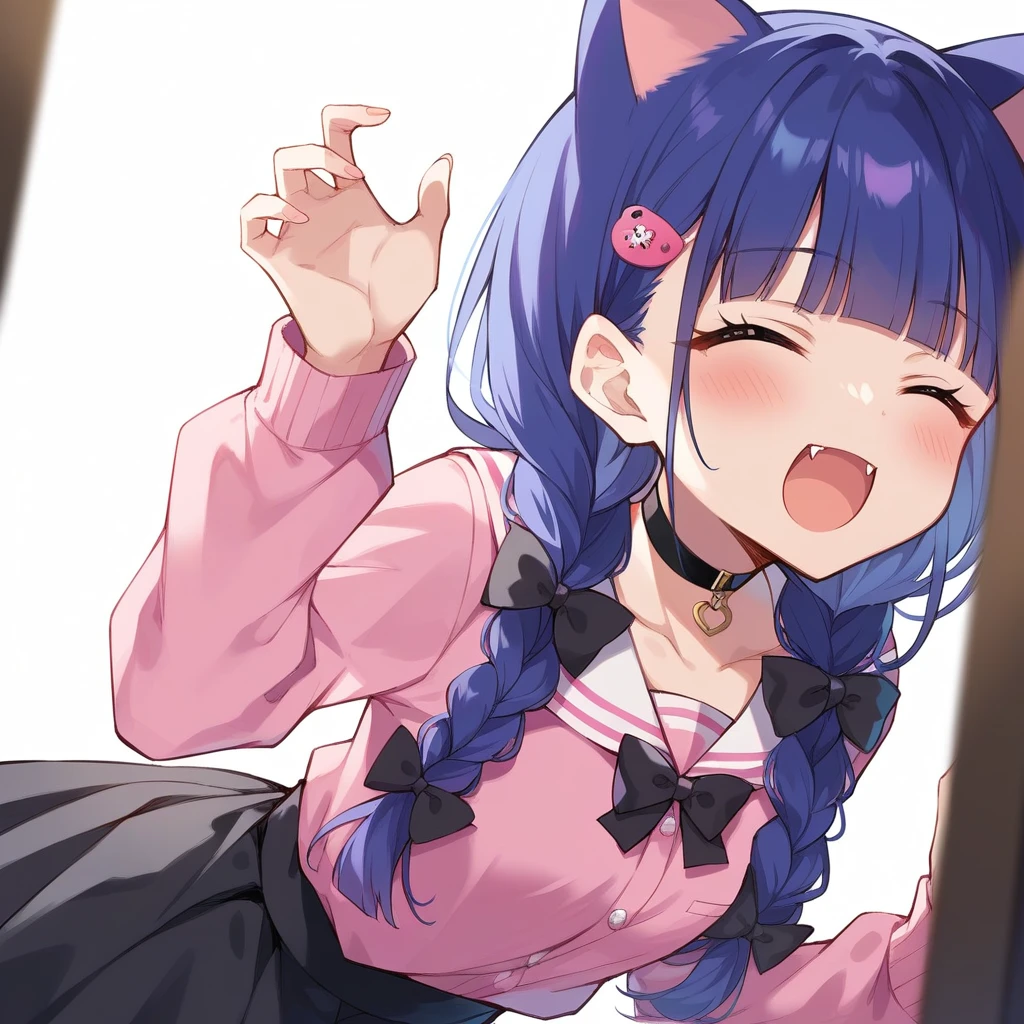 score_9, score_8_up, score_7_up, score_6_up, score_5_up, score_4_up, source_anime, clip skip:2
,Top quality, masterpiece, chibi character, animal ear girl, peal purple and blunt bangs hair, twin braids, eyes closed, mouth wide open and screaming, blushing, smilng,fangs,(a girl with closs hair pin,
pink shirt,cosplay, jirai kei, bangs, black skirt, black bow, looking at viewer, bow, long sleeves, choker, ribbon,portrait shot :1.4),From the side, she is wearing square headphones over her ears, and the Marshall logo,Walking slowly through Shibuya at sunset, looking down, fullbody shot,