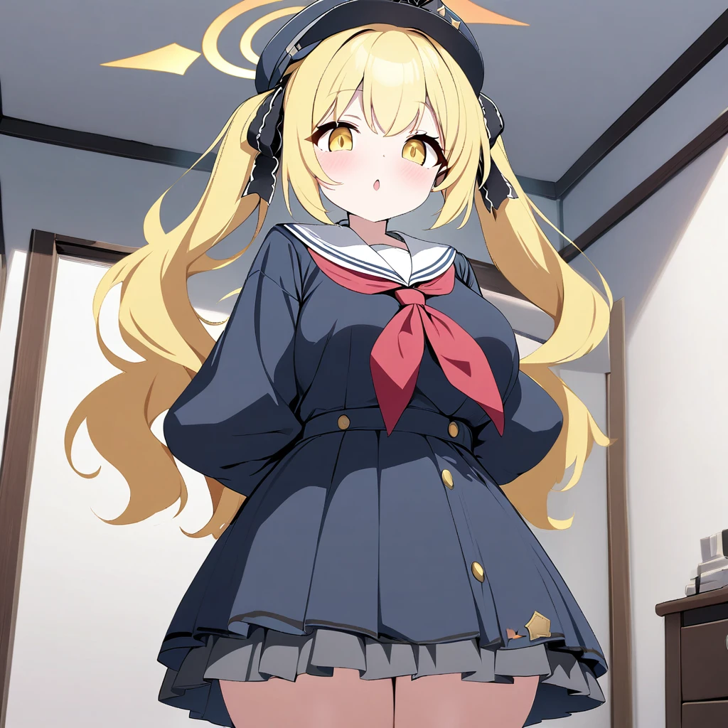 ibuki(blue archive),1girl,solo,yellow eyes color,yellow hair color,super huge breasts,looking at viewer,near,standing up,in room