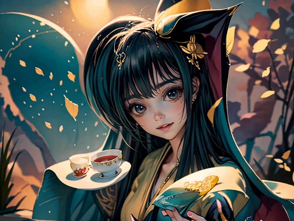 masterpiece, Highest quality, magic使いのティーパーティー, magic tea party, magic, Little, Handsome witch, Highly detailed realistic eyes, Happy, Vibrant, colorful,