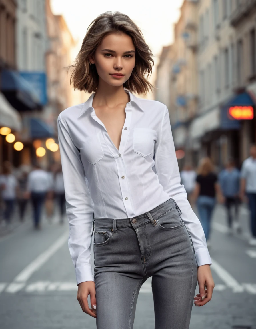 (((whole body))), short hair, The head and face must be proportional to the body, Avoid disproportionately long or short collars, Disfigured or disproportionate eyes,make sure the ears, nose, teeth, lips and mouth are focused and proportionate, without disfigurement or deformation. magnificent, slender girl, (Slim and slender), western, (bloomed white shirt, very low cut shirt), (gray denim courts), (low-rise denim sneakers). visible hips and groin. thin legs. thigh gap. hot girl, walk through the city, (Masterpiece), Best Quality, high resolution, extremely detailed, blurred background, depth of field, cinema lighting,