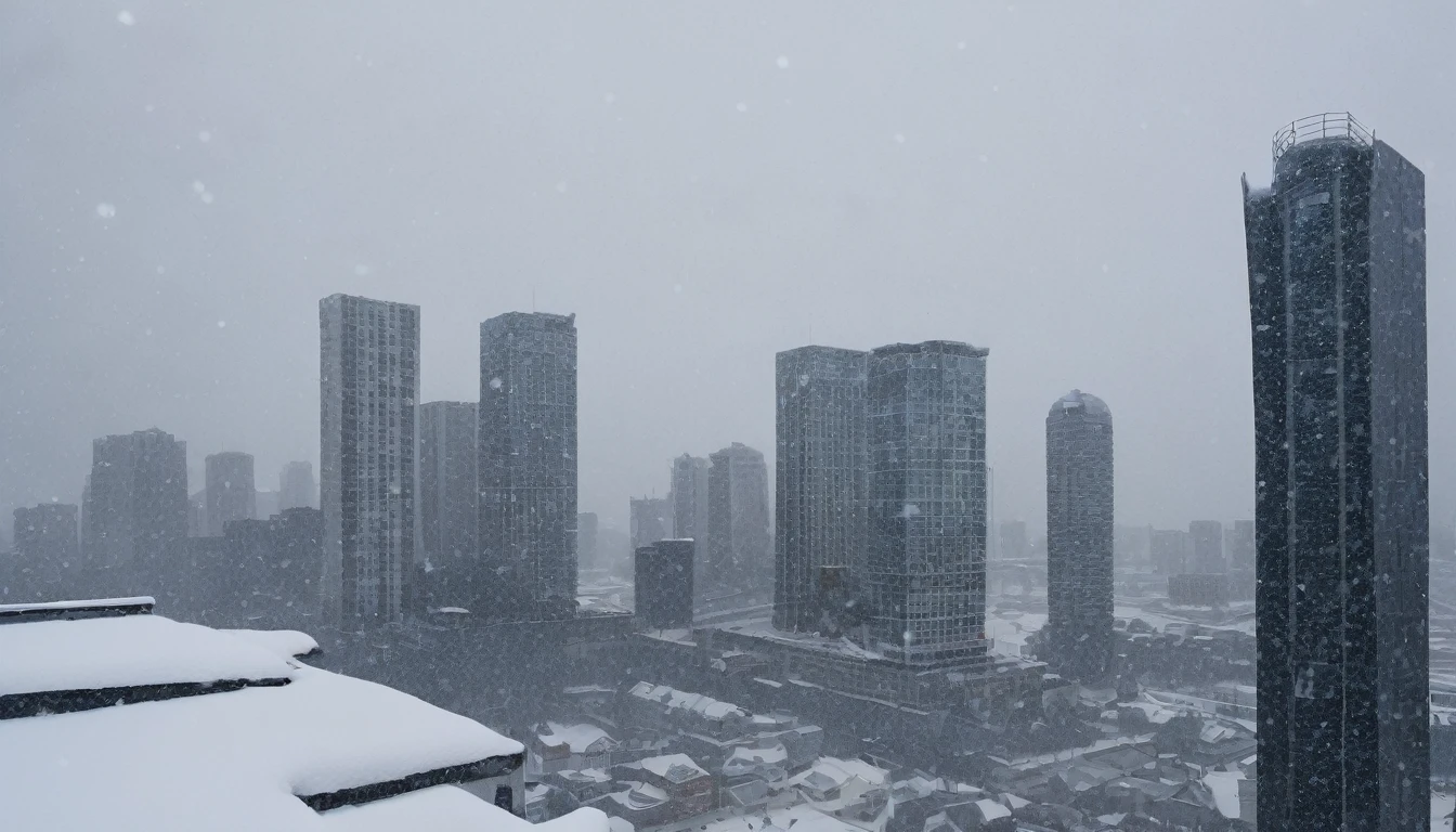 Cityscape, architecture, Non-human, cold sky,(blizzard:1.5), Snowstorm, City, dark sky, cold，Covered in heavy snow，Close-up of a building，View from the window