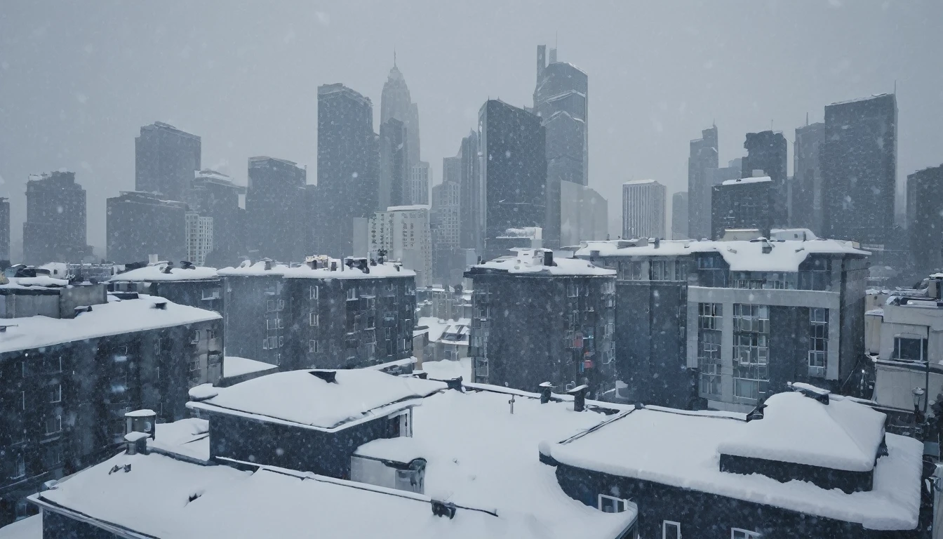 Cityscape, architecture, Non-human, cold sky,(blizzard:1.5), Snowstorm, City, dark sky, cold，Covered in heavy snow，Close-up of a building，View from the window