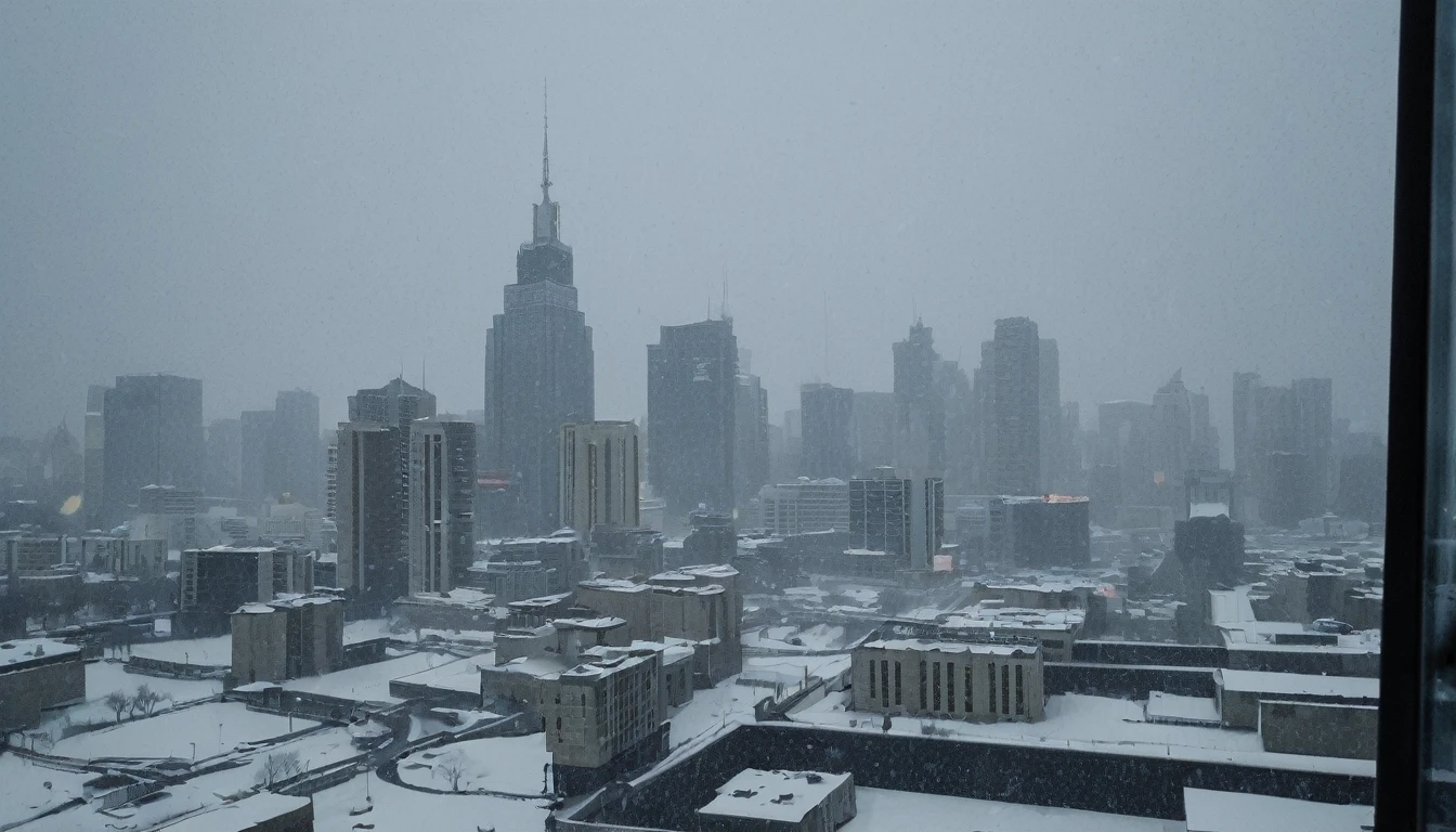 Cityscape, architecture, Non-human, cold sky,(blizzard:1.5), Snowstorm, City, dark sky, cold，Covered in heavy snow，Close-up of a building，View from the window