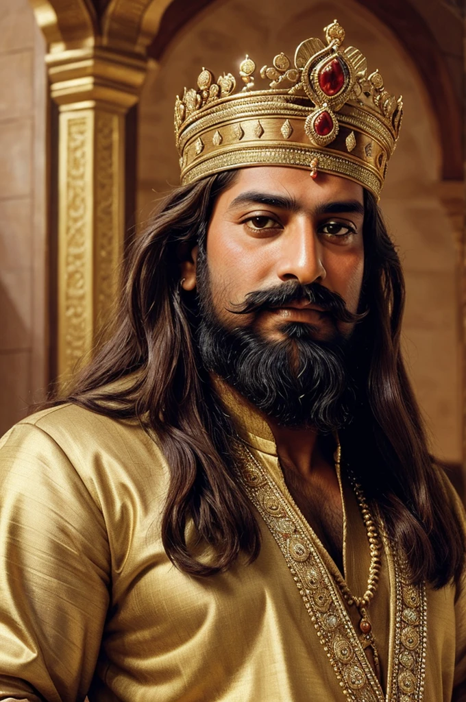 ((best quality)), ((masterpiece)), (detailed), perfect face 
Shahjahan a Mughal emperor, having a beard and long hair. Wearing a crown, a lavish Mughal dress from Afghan 