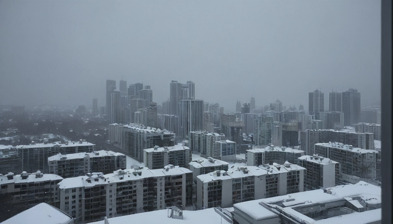Cityscape, architecture, Non-human, cold sky,(blizzard:1.5), Snowstorm, City, dark sky, cold，Covered in heavy snow，Close-up of a building，View from the window