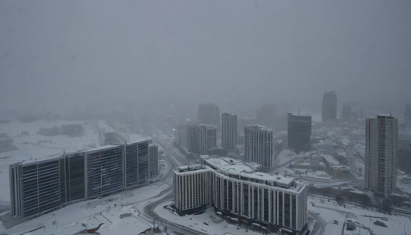 Cityscape, architecture, Non-human, cold sky,(blizzard:1.5), Snowstorm, City, dark sky, cold,Covered in heavy snow,Close-up of a building,View from the window