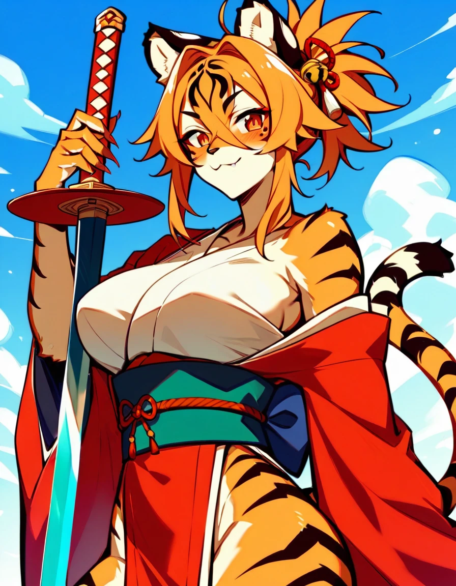 ((Tiger Girl、Sword in right hand、The left hand does not hold anything、))、(kimono,masterpiece、cute))、(A Cup)alone、kemono、Cat girl、Female furry、Background crop、humanoid cheetah、Fantasy、Japanese Style