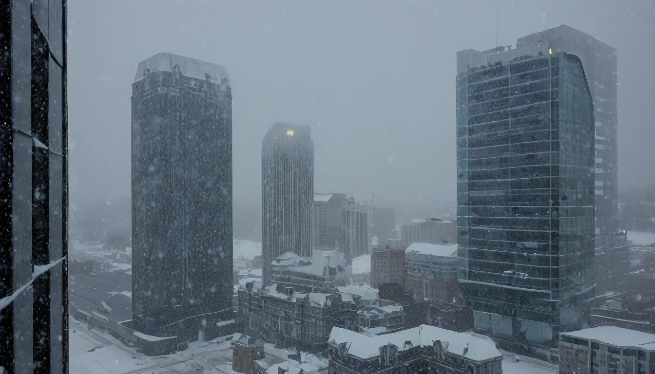Cityscape, architecture, Non-human, cold sky,(blizzard:1.5), Snowstorm, City, dark sky, cold，Covered in heavy snow，Close-up of a building，View from the window