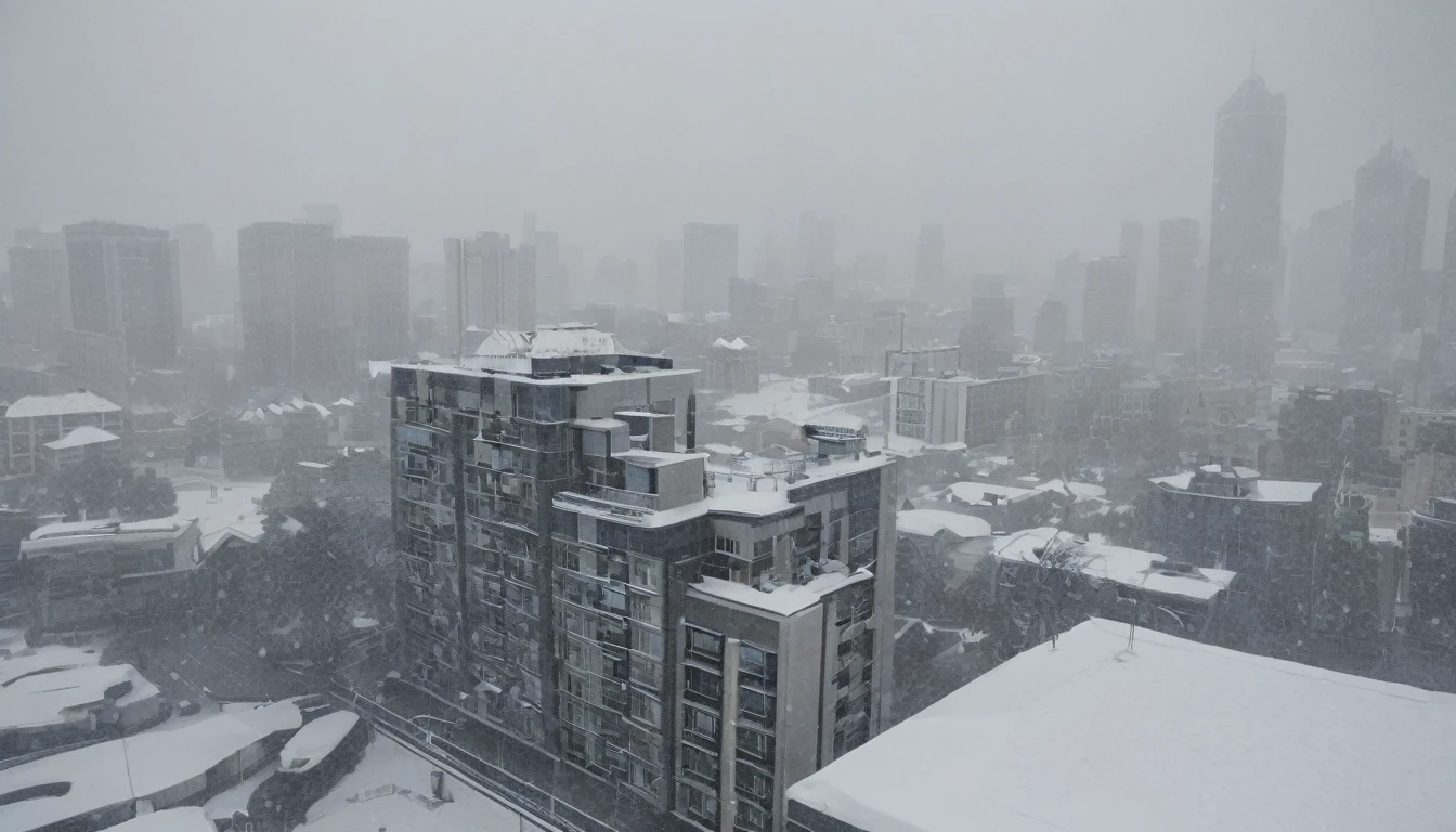 Cityscape, architecture, Non-human, cold sky,(blizzard:1.5), Snowstorm, City, dark sky, cold，Covered in heavy snow，Close-up of a building，View from the window