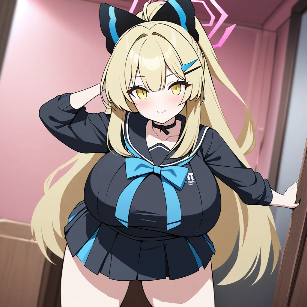 kirara(blue archive),1girl,solo,yellow eyes color,yellow hair color,super huge breasts,looking at viewer,near,standing up,in room
