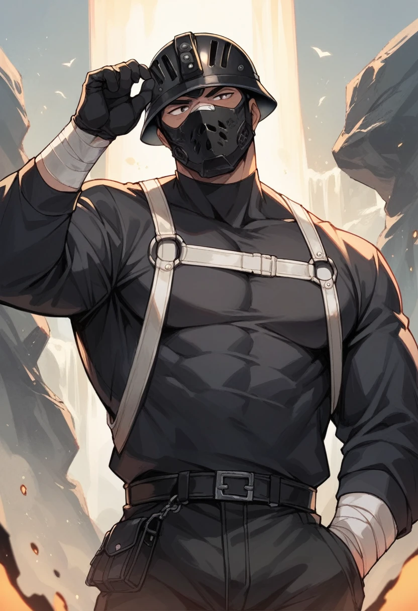Male terrorist, black balaclava, black bandage helmet, black mask, black clothes