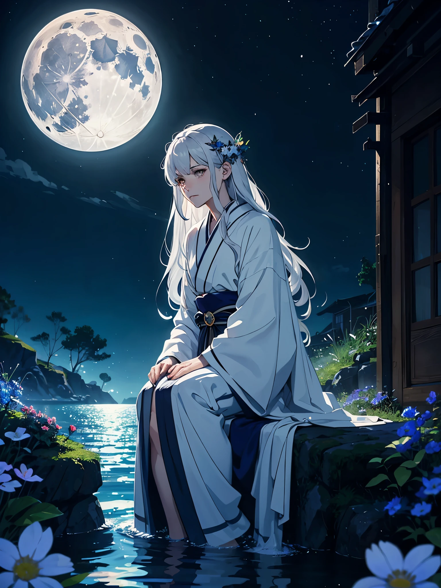 Mystisch. Magic. Fantasy. Silberner Schmuck. Kimono! day lights. More anime. light blue light. Bright bright light. magical. Moon. Sitting on a big white wolf. Lightening flowers. More anime. male. Blue flowers. Long hair. long white hair. aquatic, boy, God of the Moon, silver hair accessories, White hair.
