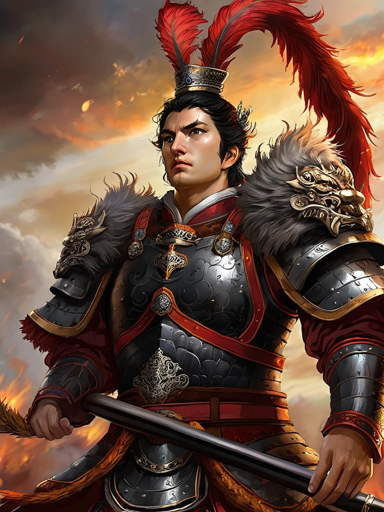 masterpiece,best quality,Very detailed,Extremely detailed, Lu Buman, armor, Solitary, Black Hair, shoulder armor, Keep, Looking at the audience, Keep black stick, Digital Artwork, Pheasant tail feathers crown, belt, Sky, cloud, fire, Upper Body, Fur trim, Shut up, Brown eyes 