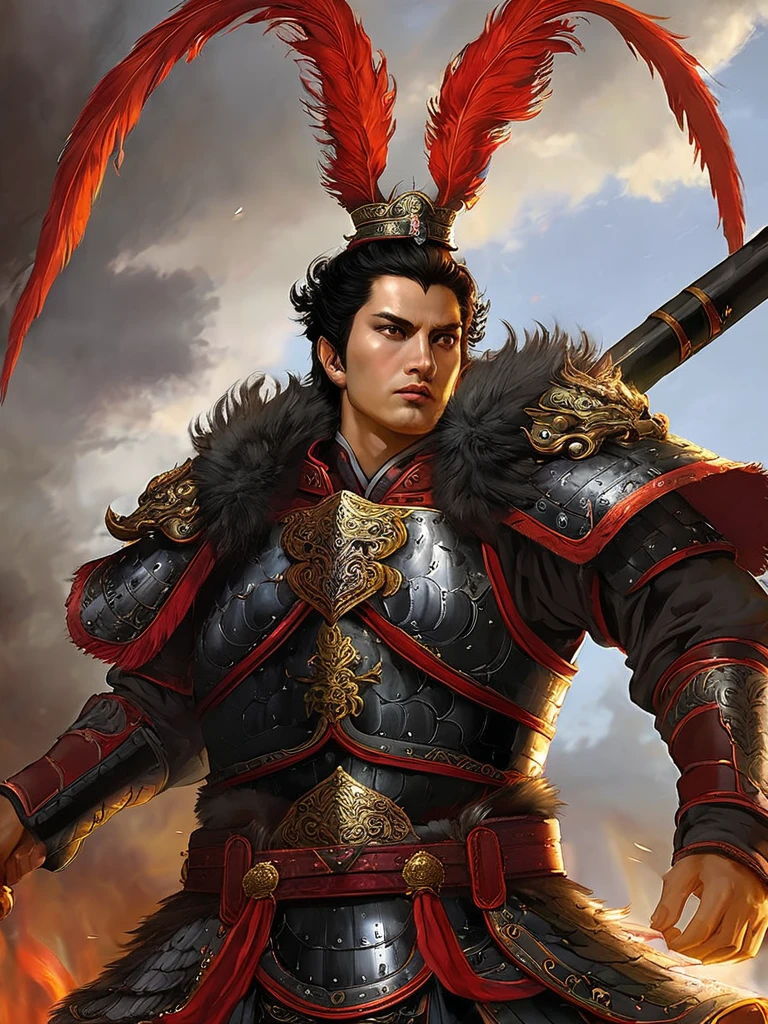 masterpiece,best quality,Very detailed,Extremely detailed, Lu Buman, armor, Solitary, Black Hair, shoulder armor, Keep, Looking at the audience, Keep black stick, Digital Artwork, Pheasant tail feathers crown, belt, Sky, cloud, fire, Upper Body, Fur trim, Shut up, Brown eyes 