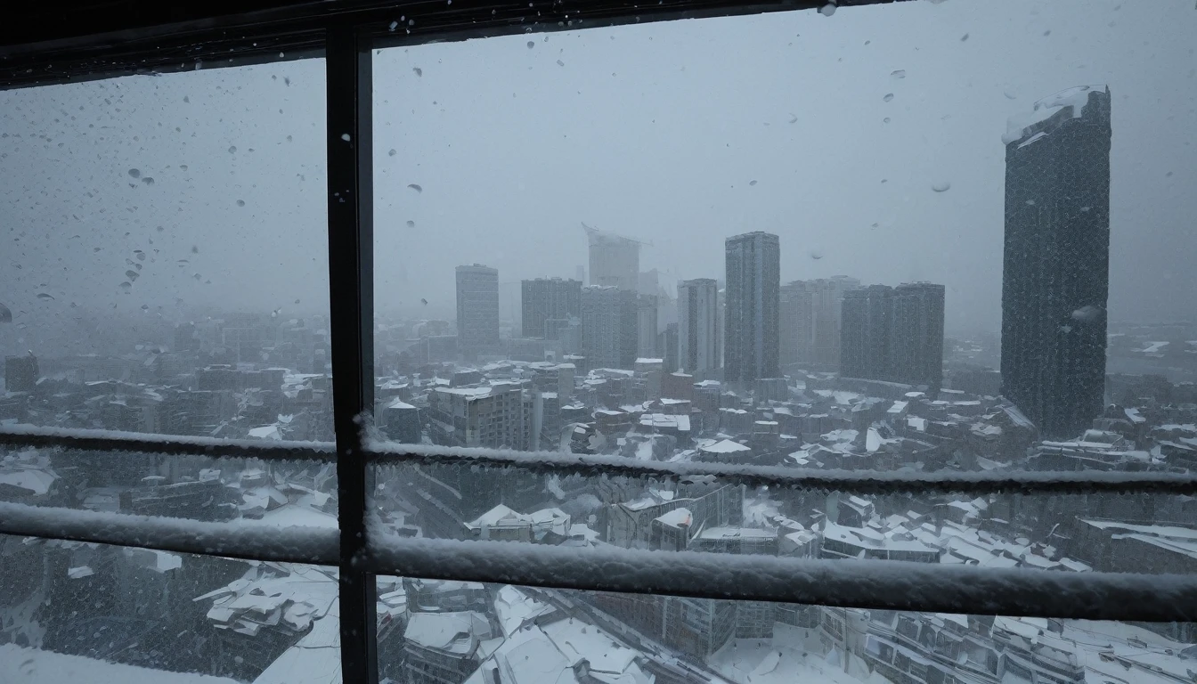 Cityscape, architecture, Non-human, cold sky,(blizzard:1.5), Snowstorm, City, dark sky, cold,Covered in heavy snow,Close-up of a building,View from the window