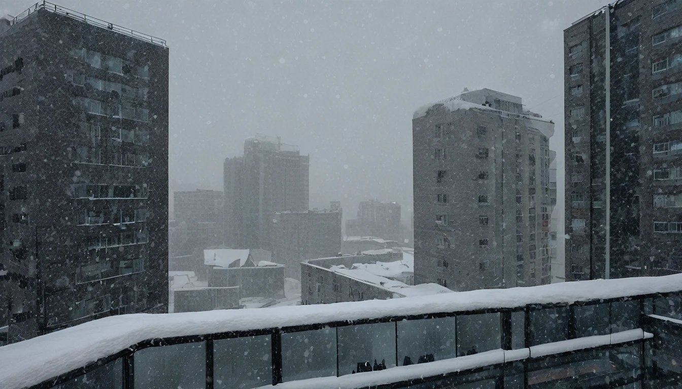 Cityscape, architecture, Non-human, cold sky,(blizzard:1.5), Snowstorm, City, dark sky, cold，Covered in heavy snow，Close-up of a building，View from the window