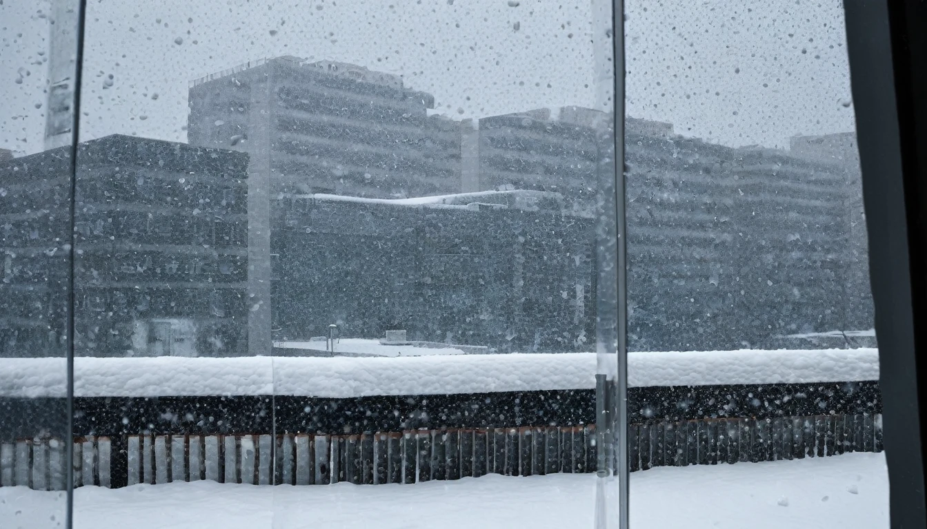 Cityscape, architecture, Non-human, cold sky,(blizzard:1.5), Snowstorm, City, dark sky, cold，Covered in heavy snow，Close-up of a building，View from the window