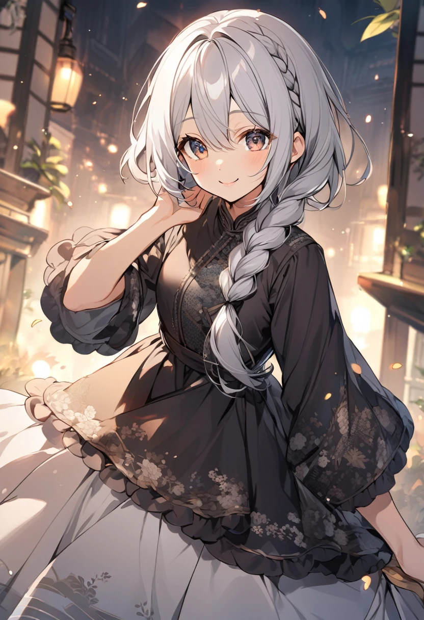 Silver Hair　Asian　smile　Demure　Modest　Drooping eyes　Braid