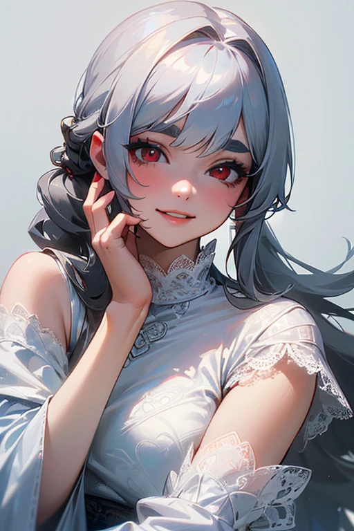 (Highest quality, masterpiece:1.2), (High resolution, 最高masterpiece).(difficult).Very detailed, Realistic:1.37, Fantasy, An illustration,Gray Hair、 Red eyes、Queen, White and blue dress、beautifully、Eyeshadow Red、Thick eyebrows、Long eyelashes、pupils are black、shiny on the lips、Top Sites、Queen、Princess、A kind smile、Show your teeth a little and smile、Soft impression、people々々々々Loved by、Slimming the face、Shoulder Bare、ponytail、Kissing Face、Long white hair、Shaggy Bangs、Save face image、((Lace Underwear)).sexy、