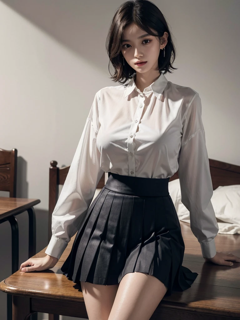 absurdres, RAW photo, extremely delicate and beautiful, masterpiece, Best Quality, ultra high resolution, 32k, hyperrealistic, ultra-detailed, perfect anatomy, perfect figure, super Detailed skin, 20 years old, very Slim body, narrow waist, very small head, very small face, delicate facial features, tearful mole, earring, thin legs, bare legs, ((very huge round breasts)), short medium hair, ((wavy hair)), wet clothes, school_uniform, dress shirt, pleated skirt,