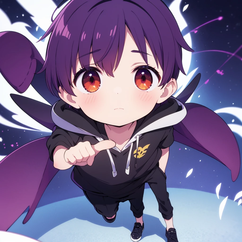 Ahoge,Purple shorthair,Red eyes,Pilot goggles on head,Black glove on one hand,Bat Wings,Indigo short sleeve hoodie,Black trousers,Manipulating the flames,boy,Mini character,An illustration,solo,