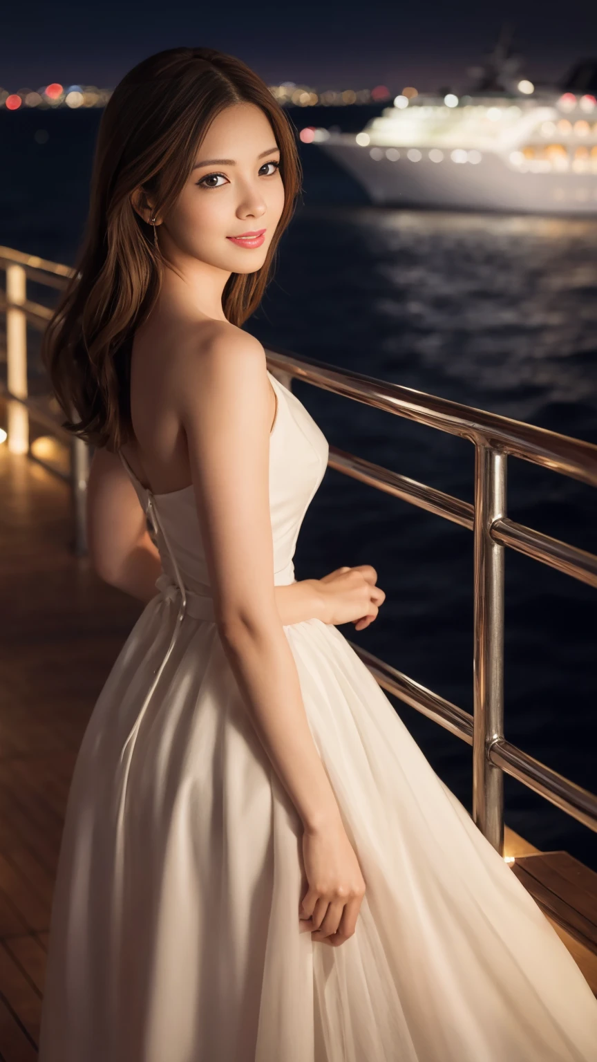 
((Tabletop:1.4, highest quality)), (Realistic photos:1.4), 
((1 girl)), (Beautiful actress), (dream-like),
(超High resolution:1.2), Very delicate and beautiful, wonderful, Very detailed CG Unity 8k wallpaper, Very detailed, High resolution, 
Soft Light, Beautiful detailed girl, Very detailedな目と顔, Beautiful and exquisite nose, Beautiful and exquisite, 
(Long dress:1.3),
Cinema Lighting, Perfect Anatomy, Slender body, Cowboy Shot, Looking at the camera, Old-fashioned smile,
(A glamorous  on the deck of a luxury cruise ship:1.3), (Night view), (Night lighting)